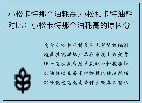 小松卡特那个油耗高;小松和卡特油耗对比：小松卡特那个油耗高的原因分析