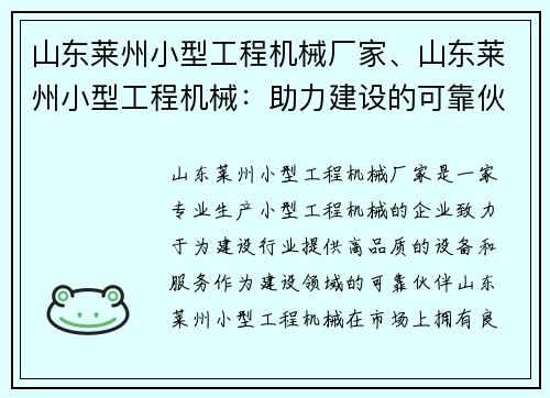 山东莱州小型工程机械厂家、山东莱州小型工程机械：助力建设的可靠伙伴