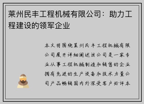 莱州民丰工程机械有限公司：助力工程建设的领军企业